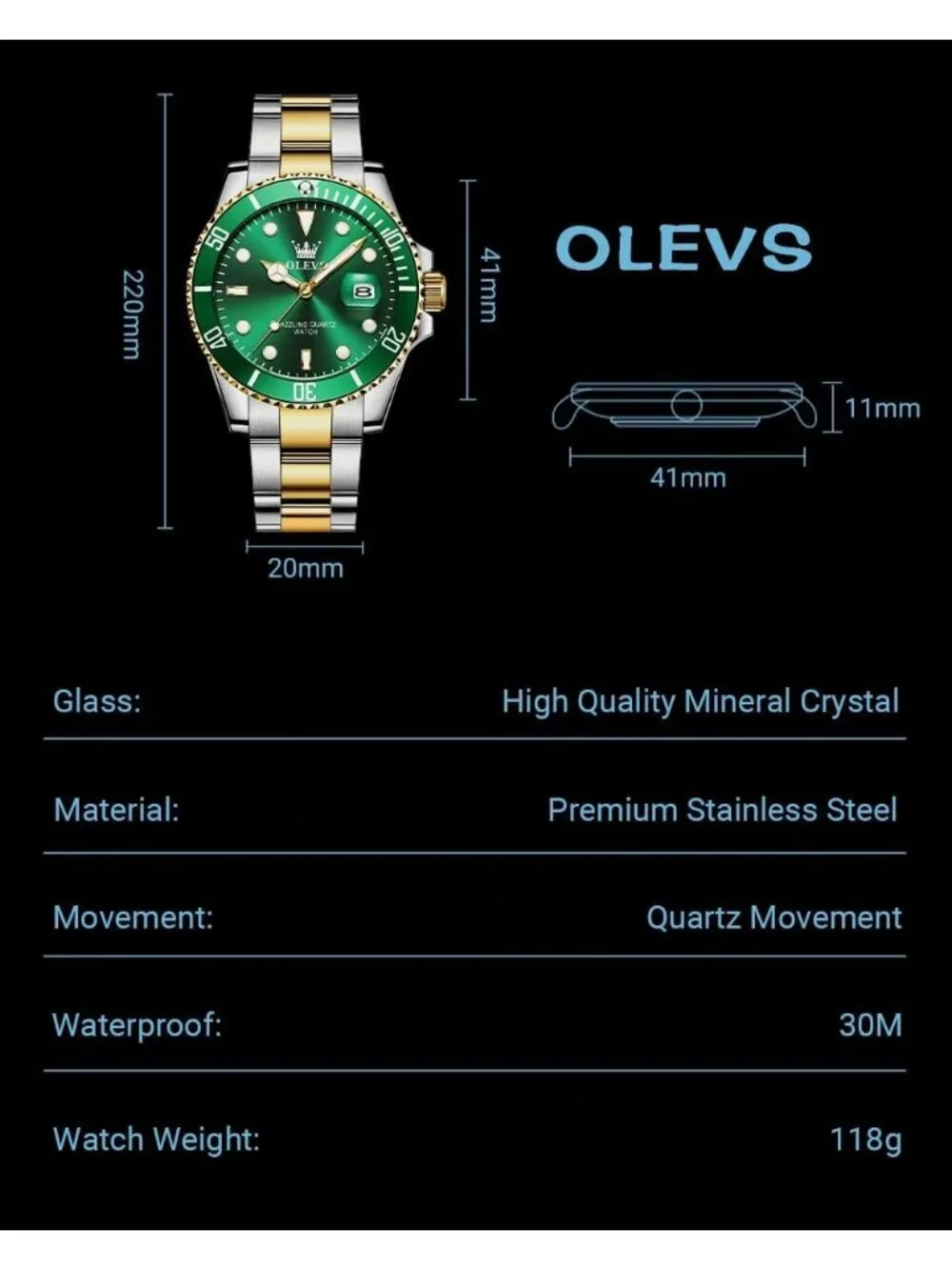 Men's Green Premium Gold and Silver Stainless Analog Rotatable Bezel Steel Watch